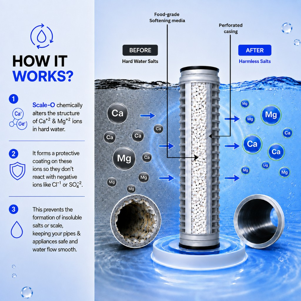 How Scale-O works — chelation alters Ca and Mg ions to prevent scale on pipes and appliances