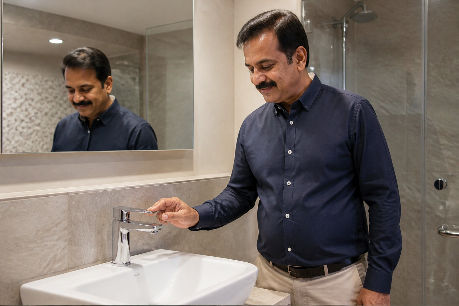 Mr. Vikram Desai showing cleaner bathroom fixtures after Scale-O