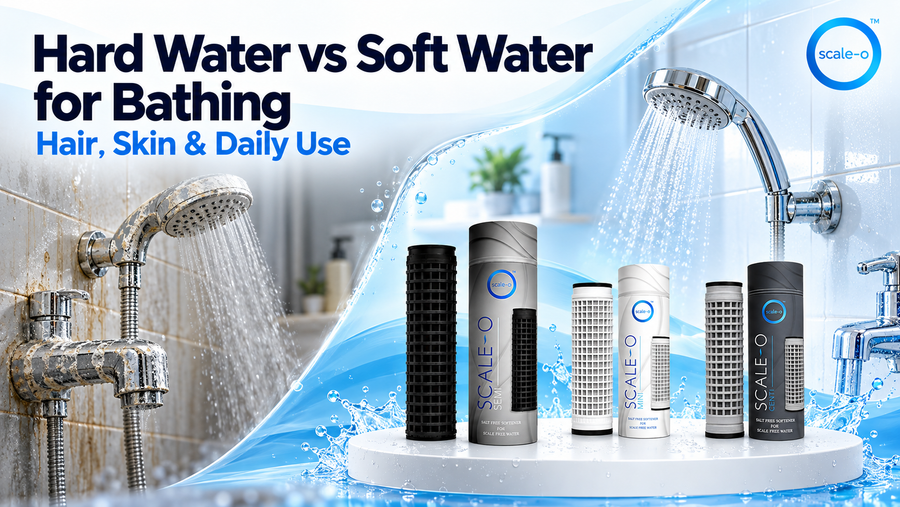 Hard water vs soft water for bathing: shower in an Indian bathroom with white hard water residue on the shower head and tiles