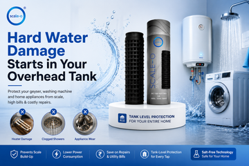 Hard water damage to geyser and washing machine scale in an Indian home