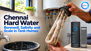 Chennai hard water: independent house overhead tank and bathroom tap with white scale near the coast