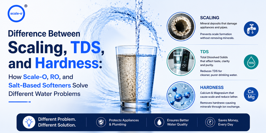 Difference Between Scaling, TDS and Hardness: How Scale-O, RO and Salt-Based Softeners Solve Different Water Problems