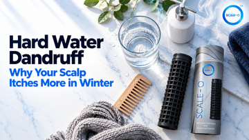 Hard water dandruff: Indian bathroom shower with white hard water residue and a person-free view of shampoo bottles on a ledge