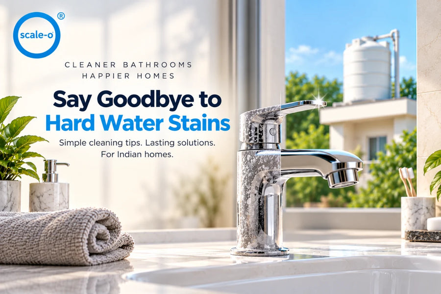 How to remove hard water stains from taps and tiles in an Indian bathroom