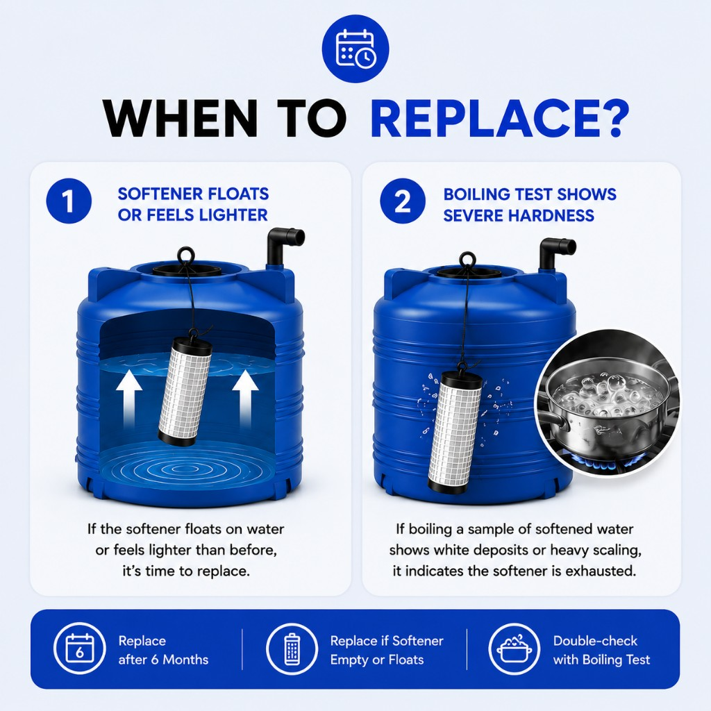 When to replace Scale-O — float test and boiling hardness check